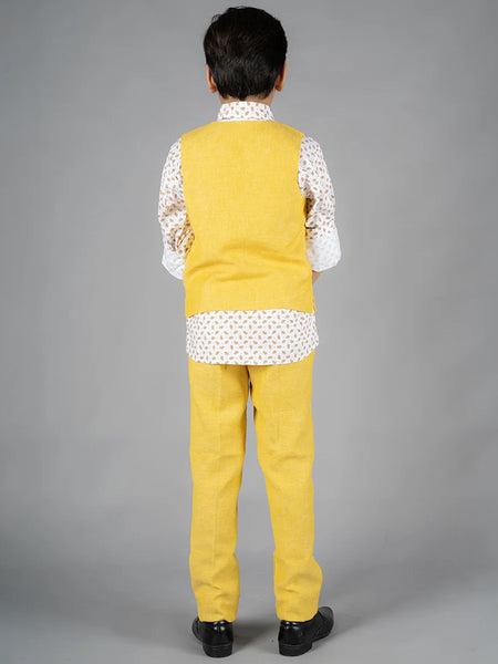 back view of yellow waist coat suit set for boys 