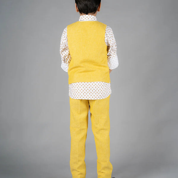 back view of yellow waist coat suit set for boys 