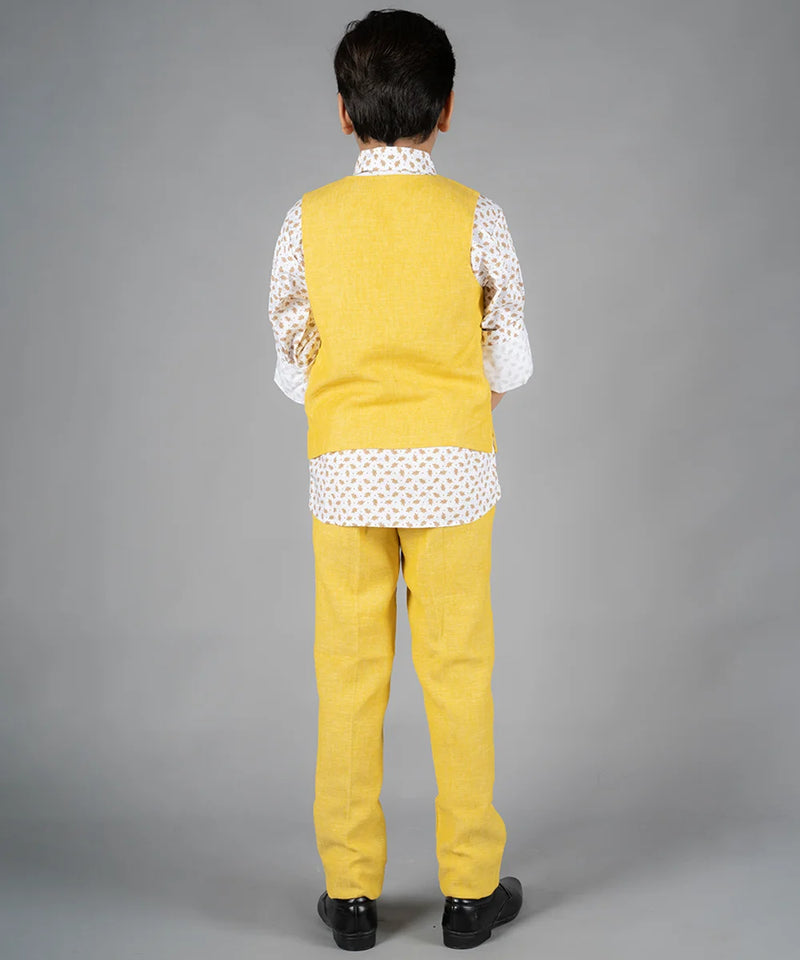 back view of yellow waist coat suit set for boys 