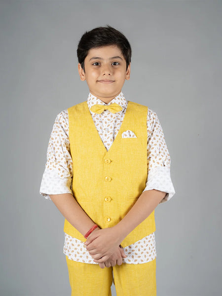 Lemon Yellow colored party wear waist coat set for 10 Year boy