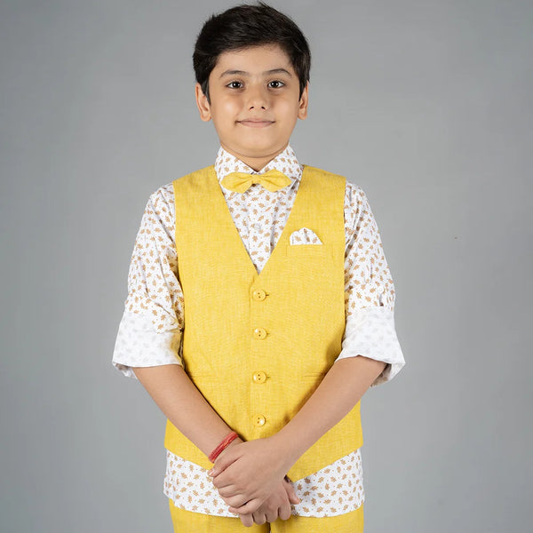 Lemon Yellow colored party wear waist coat set for 10 Year boy