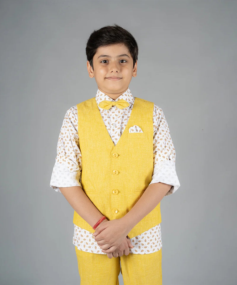 Lemon Yellow colored party wear waist coat set for 10 Year boy