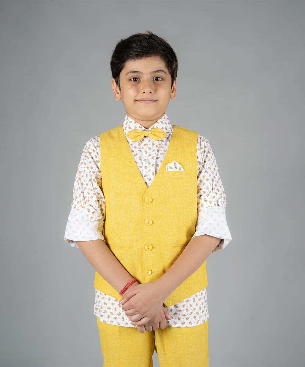 Lemon Yellow colored party wear waist coat set for 10 Year boy