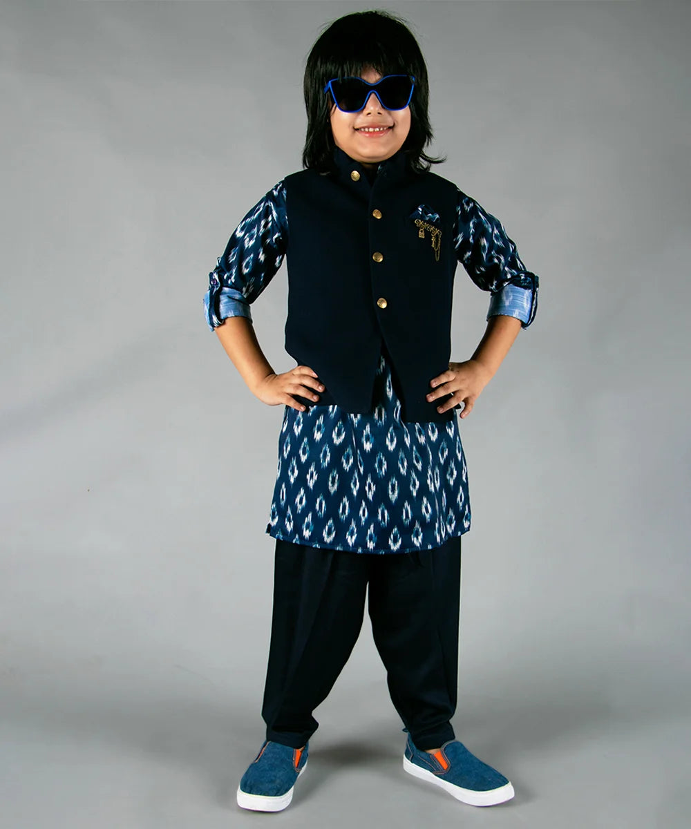 Navy Printed Kurta with Jacket and Patiala for Party Looks