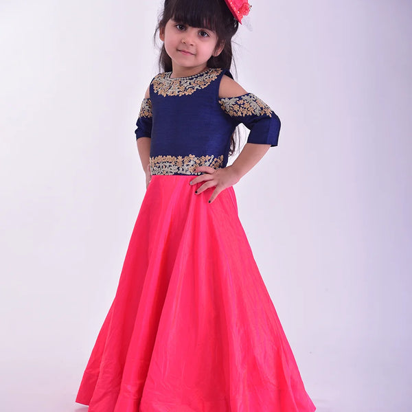 wedding & party wear navy blue & pink long gown for girls 