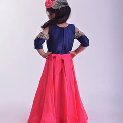 back view of navy blue & pink gown for girls 