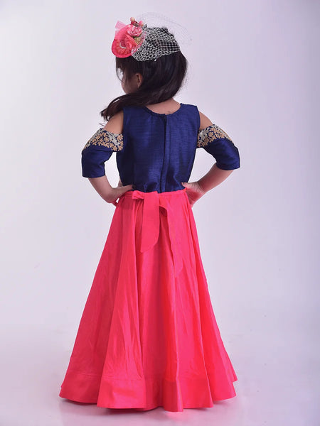 back view of navy blue & pink gown for girls 
