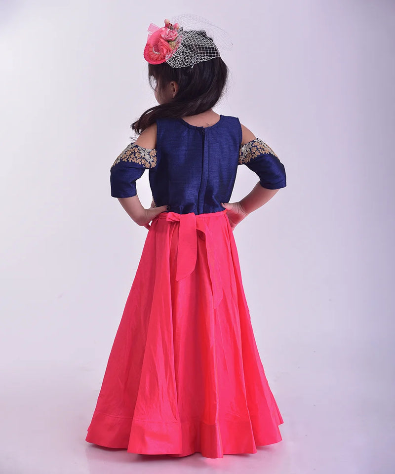 back view of navy blue & pink gown for girls 