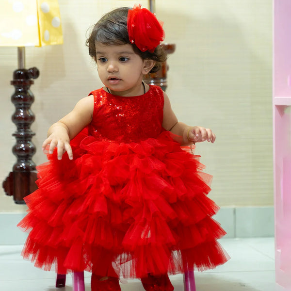 Red Colored Ruffled Party Wear Frock for Girls