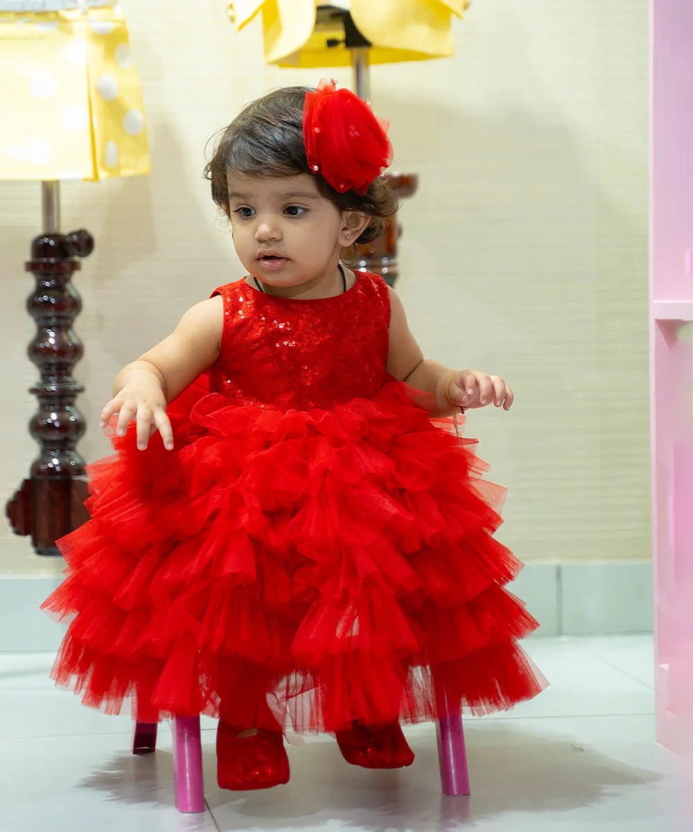 Red Colored Ruffled Party Wear Frock for Girls