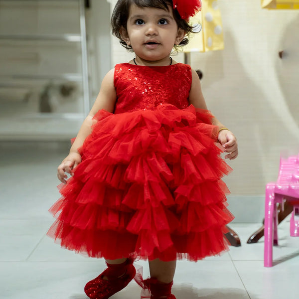 red ruffled party wear frock for baby girl 