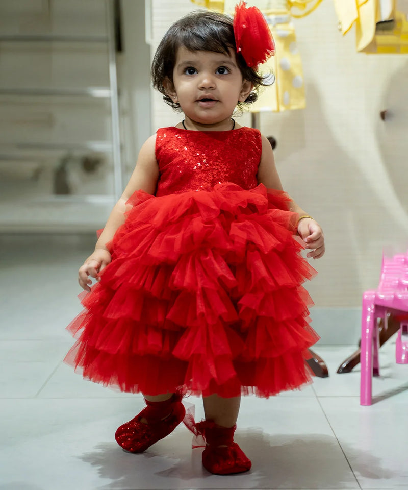red ruffled party wear frock for baby girl 