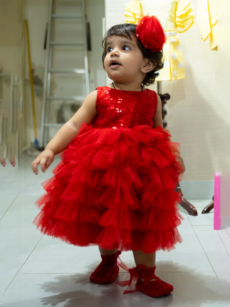 beautiful wedding wear shimmering red frock for baby girl