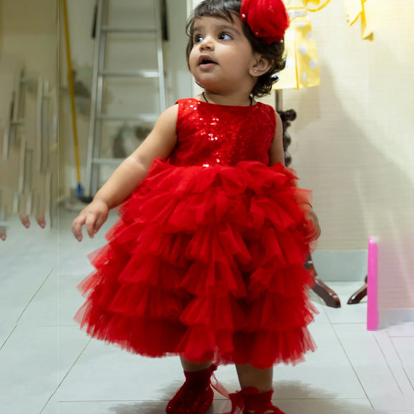 beautiful wedding wear shimmering red frock for baby girl