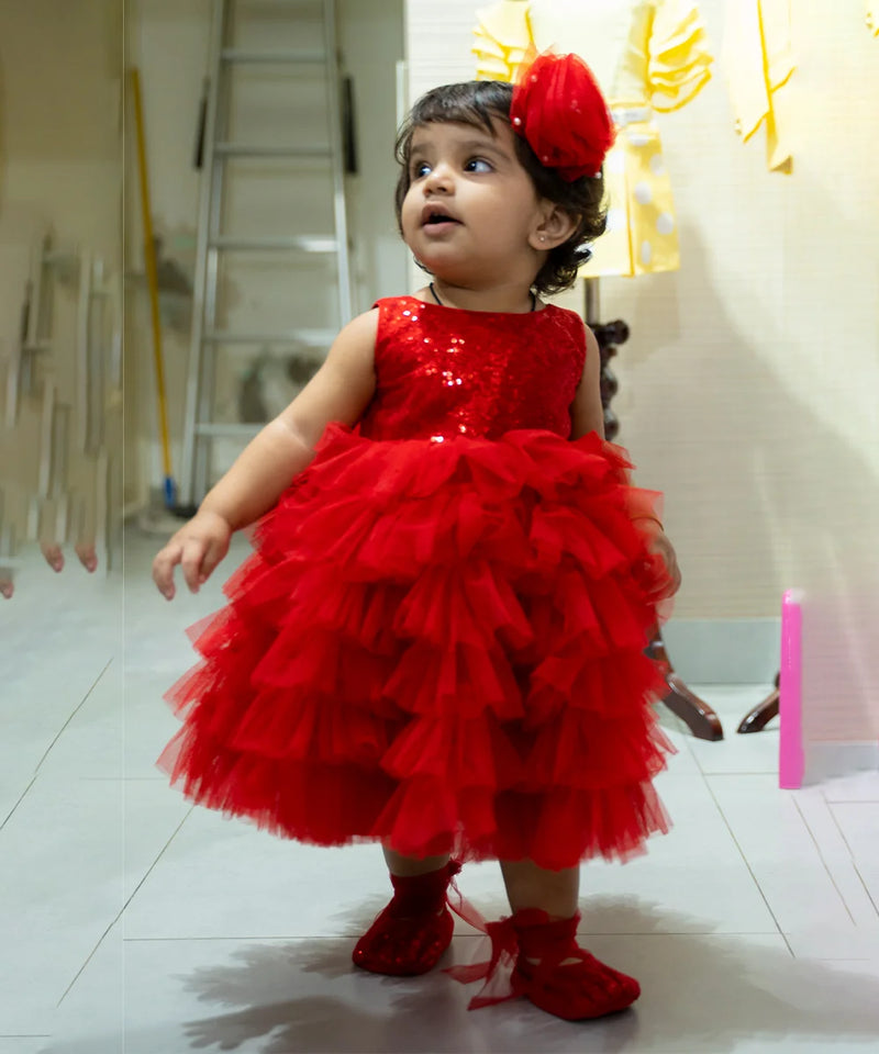 beautiful wedding wear shimmering red frock for baby girl