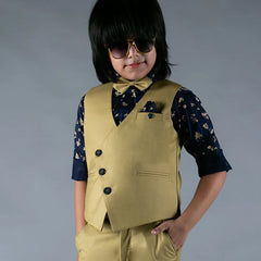 It is a beautiful light green Color party wear waist coat Set for boys. It comes with a navy blue colored printed shirt, a pocket square, a bow and a matching light green colored pant.