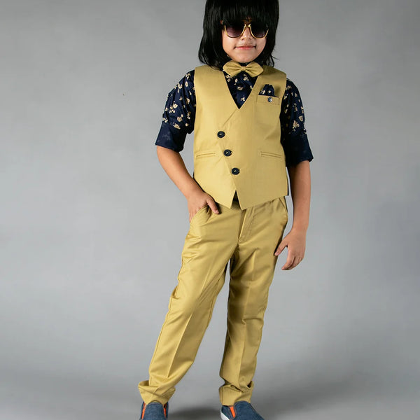 formal wear mustard yellow waist coat suit set for boys 