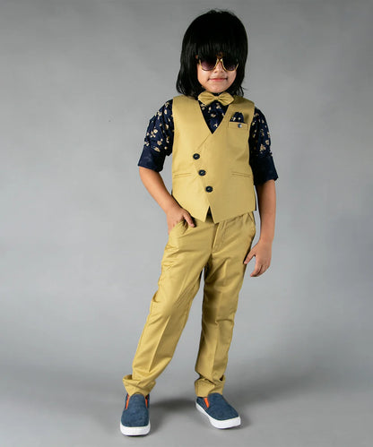 Light Green Color Waist Coat Set With Navy Printed Shirt for Boys