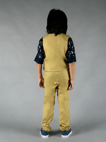 back view of mustard yellow waist coat suit set for boys 