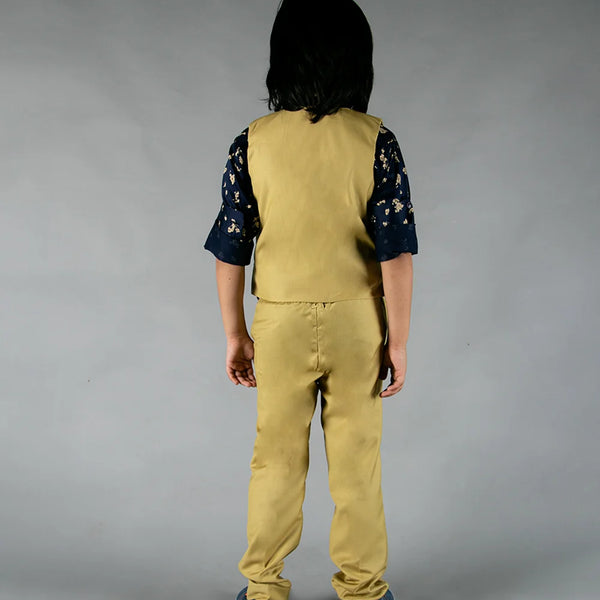 back view of mustard yellow waist coat suit set for boys 