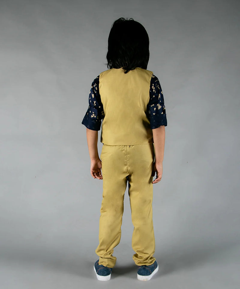 back view of mustard yellow waist coat suit set for boys 