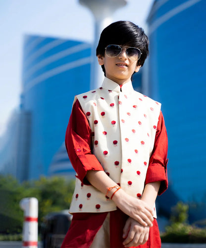 Red Color Kurta Set with Printed Waist Coat for Boys for Party