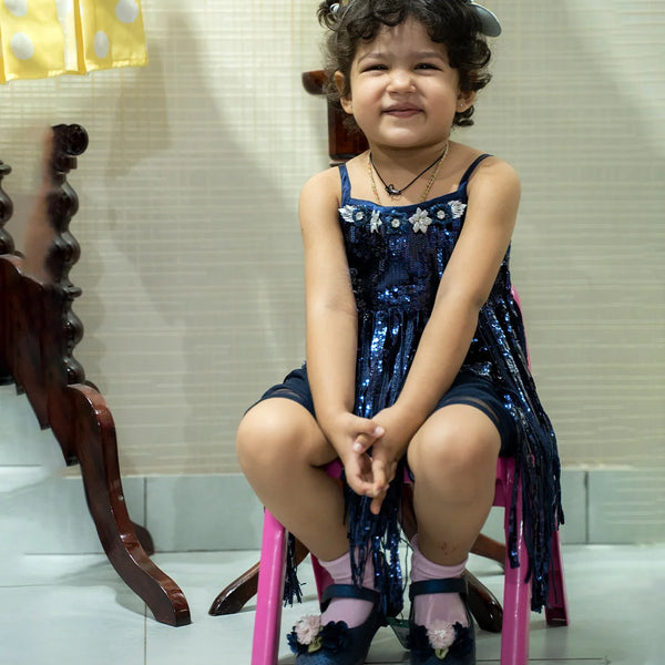 shimmery navy blue party wear dress for girls 