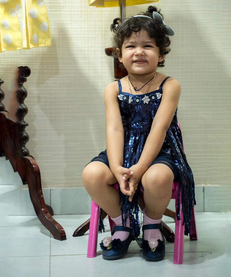 shimmery navy blue party wear dress for girls 