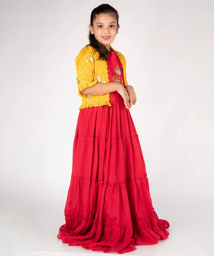 Red and Mustard Colored Tiered Gown with Jacket