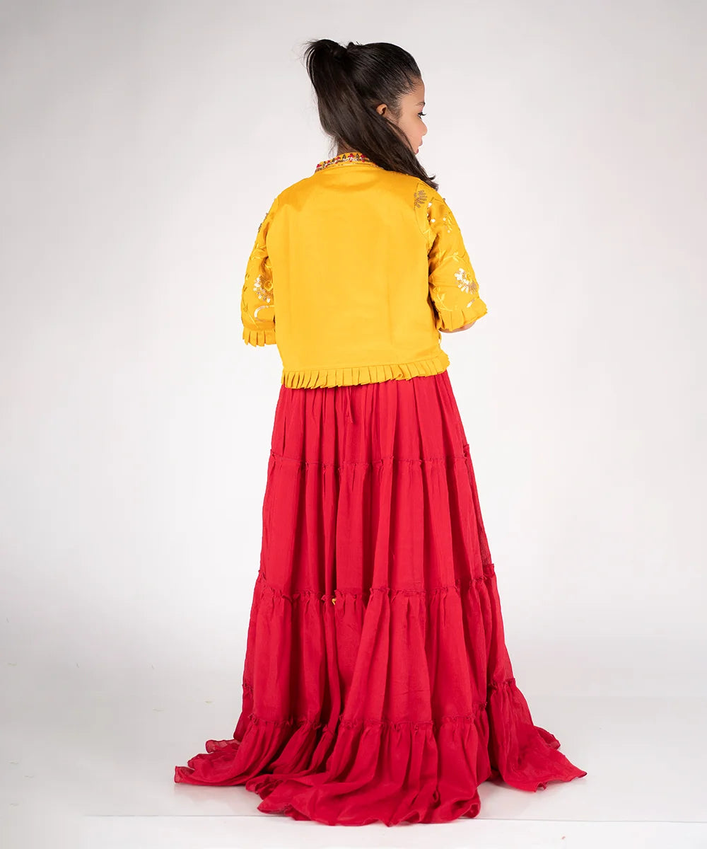 Red and Mustard Colored Tiered Gown with Jacket