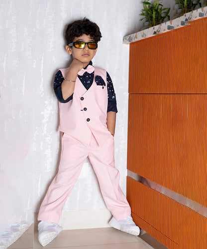 Light Pink Colored Party Wear Waist Coat Set for Boys