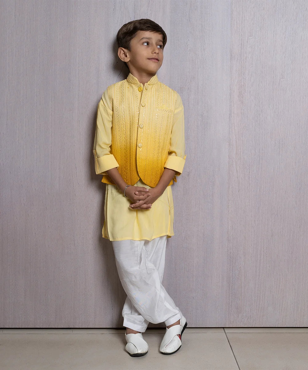 Yellow Colored Kurta-Pyjama Set with Chickankari Nehru Jacket