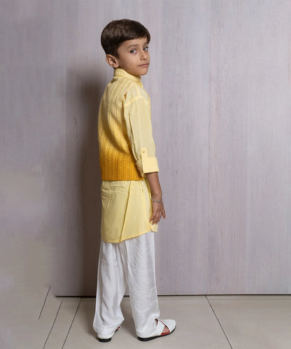Yellow Colored Kurta-Pyjama Set with Chickankari Nehru Jacket