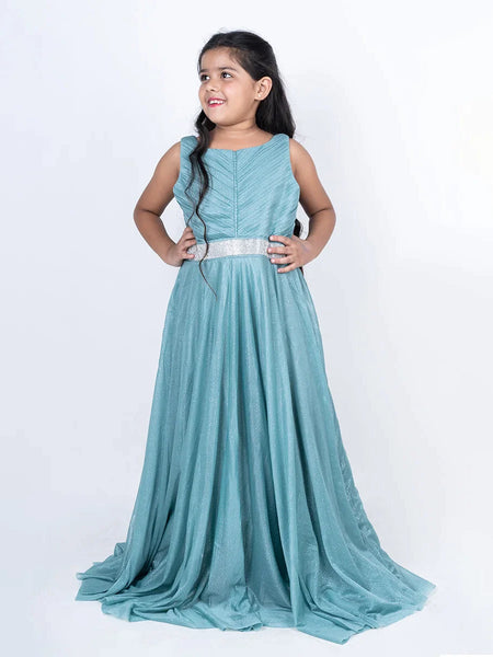  It’s a sea-green Colored gown that comes with the back zip closure. It features pleated detailing on yoke and a belt style lace on waist. Moreover, it also has fabric belt to be tied at the back.