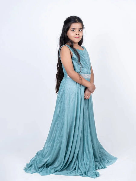 wedding wear pretty sea green shimmer full length gown for girls 