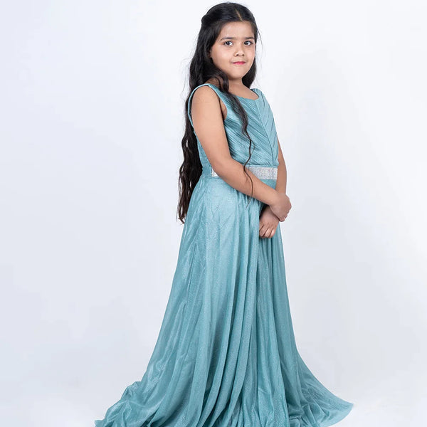 wedding wear pretty sea green shimmer full length gown for girls 