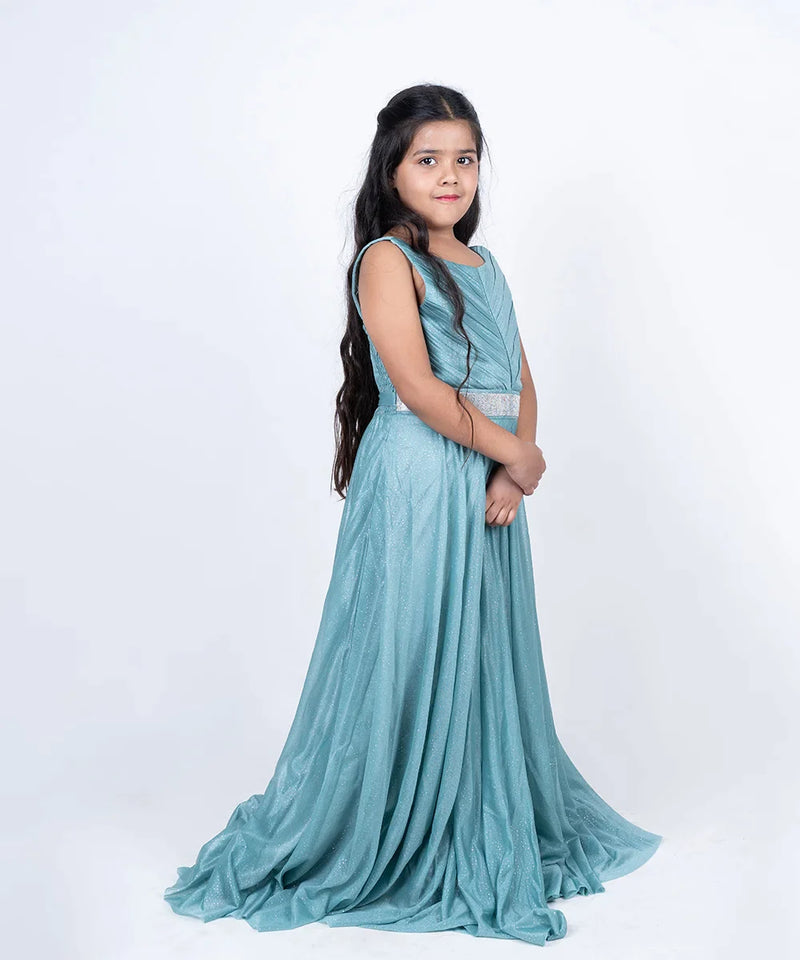 wedding wear pretty sea green shimmer full length gown for girls 