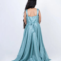 back view of sea green full length gown for girls 