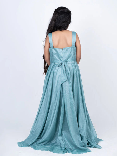 back view of sea green full length gown for girls 