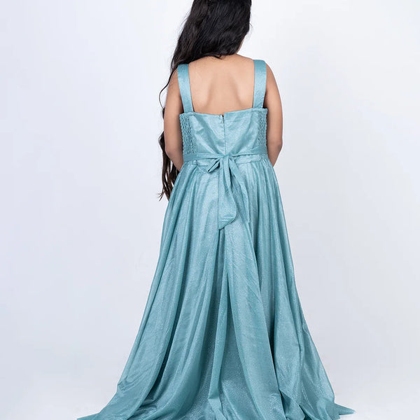 back view of sea green full length gown for girls 