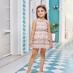It is a multi Colored self-printed tiered dress that comes with a back zip closure. It’s a trendy dress for kids. It features a cute floral broach detailing.