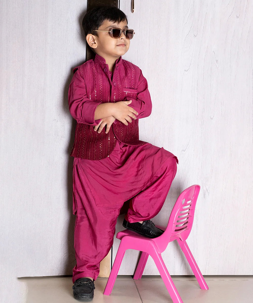 Dark Pink Coloured Kurta-Pyjama Set with Chickankari Nehru Jacket