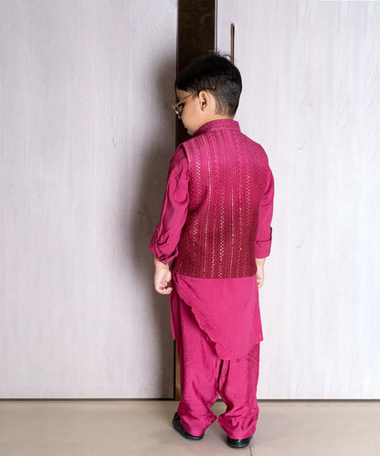 Dark Pink Coloured Kurta-Pyjama Set with Chickankari Nehru Jacket