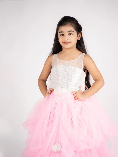 pink & white party wear long gown for girls 