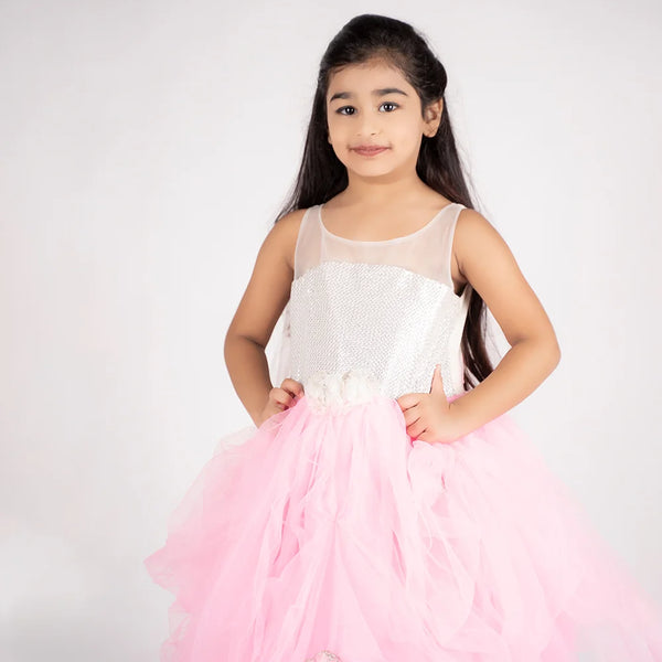 pink & white party wear long gown for girls 