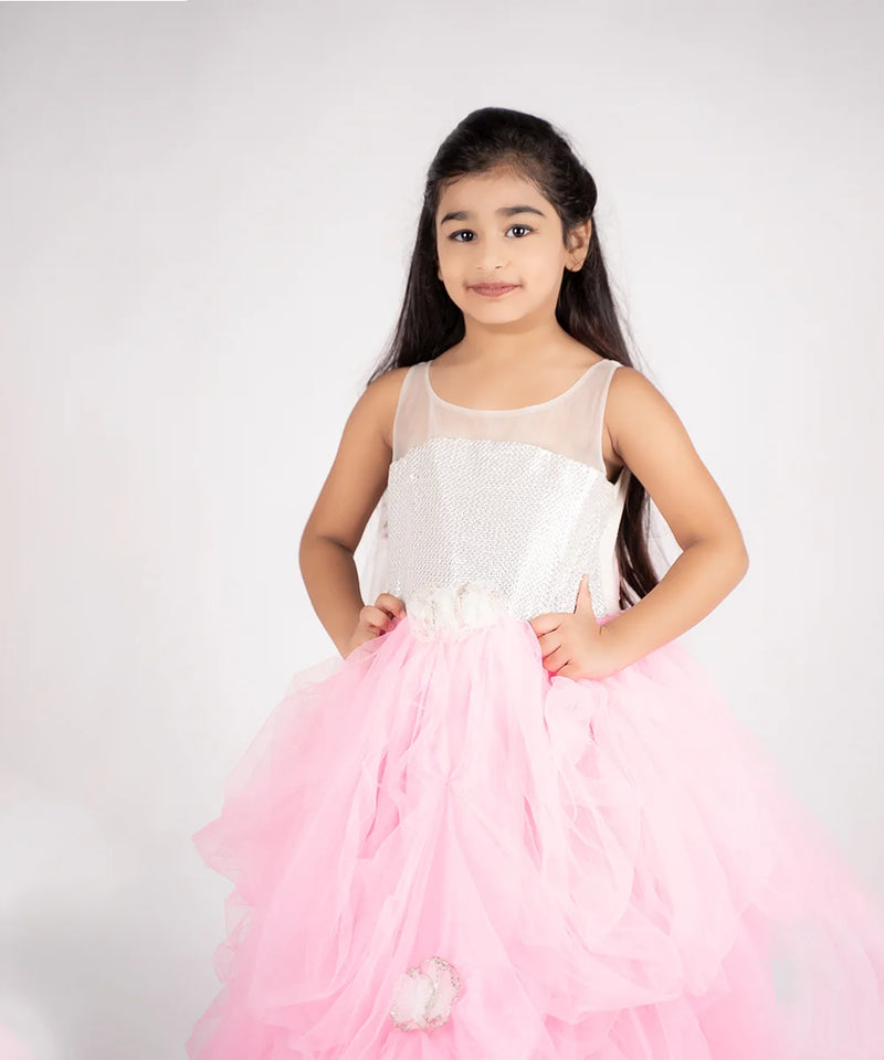 pink & white party wear long gown for girls 