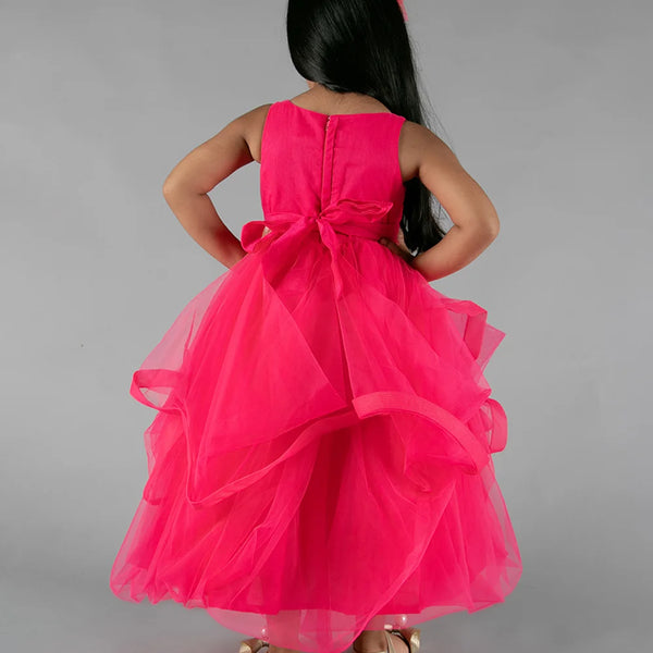 back view of pink floral gown for girls 