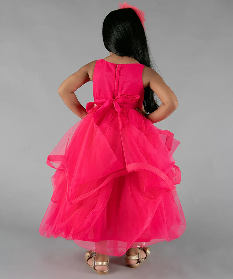 back view of pink floral gown for girls 