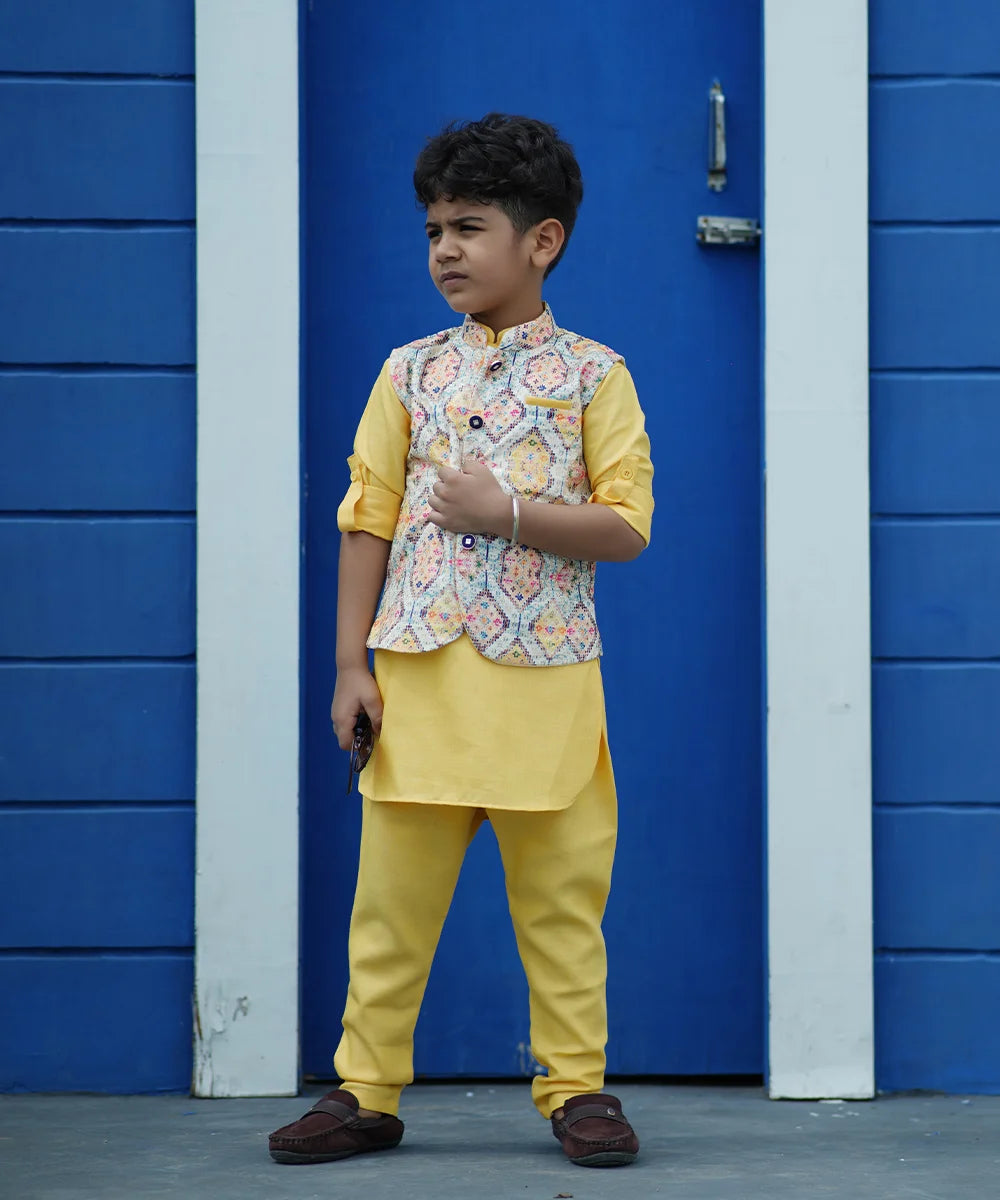 Yellow Colored Kurta Pyjama Set with Printed Waist Coat for Boys
