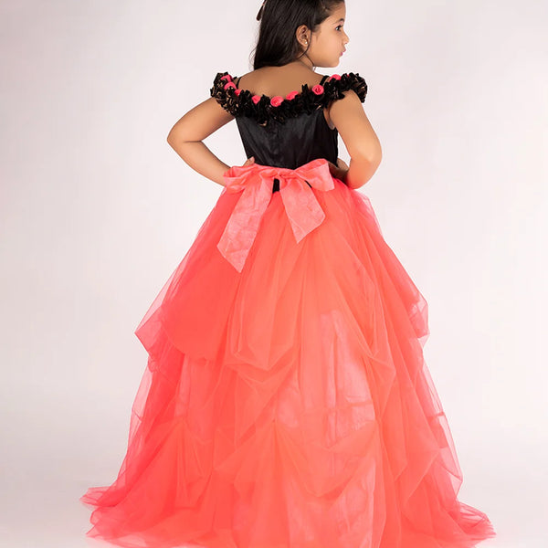back view of black pink gown for girls 